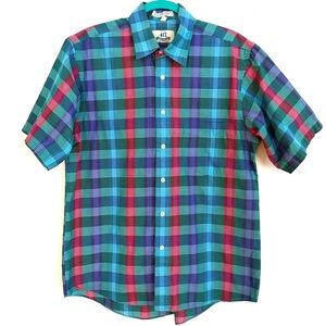 VTG 90s Van Heusen Madras Plaid Short Sleeve Button Down Shirt Medium